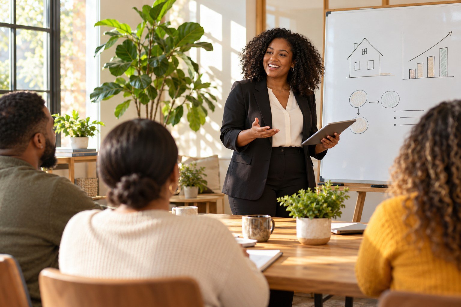 An educator leading a small community real estate workshop