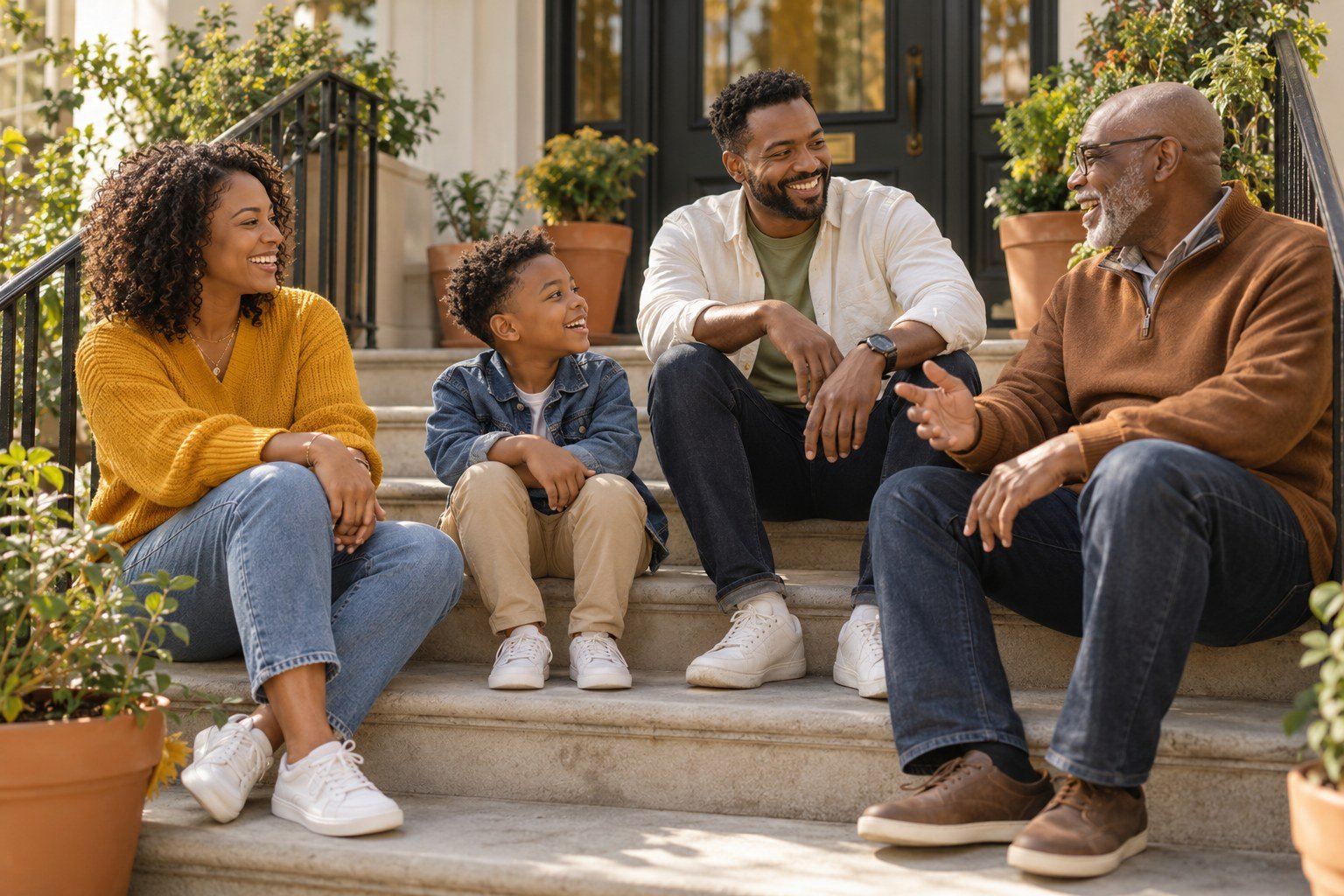 Neighbors sharing a conversation on the front steps of a home