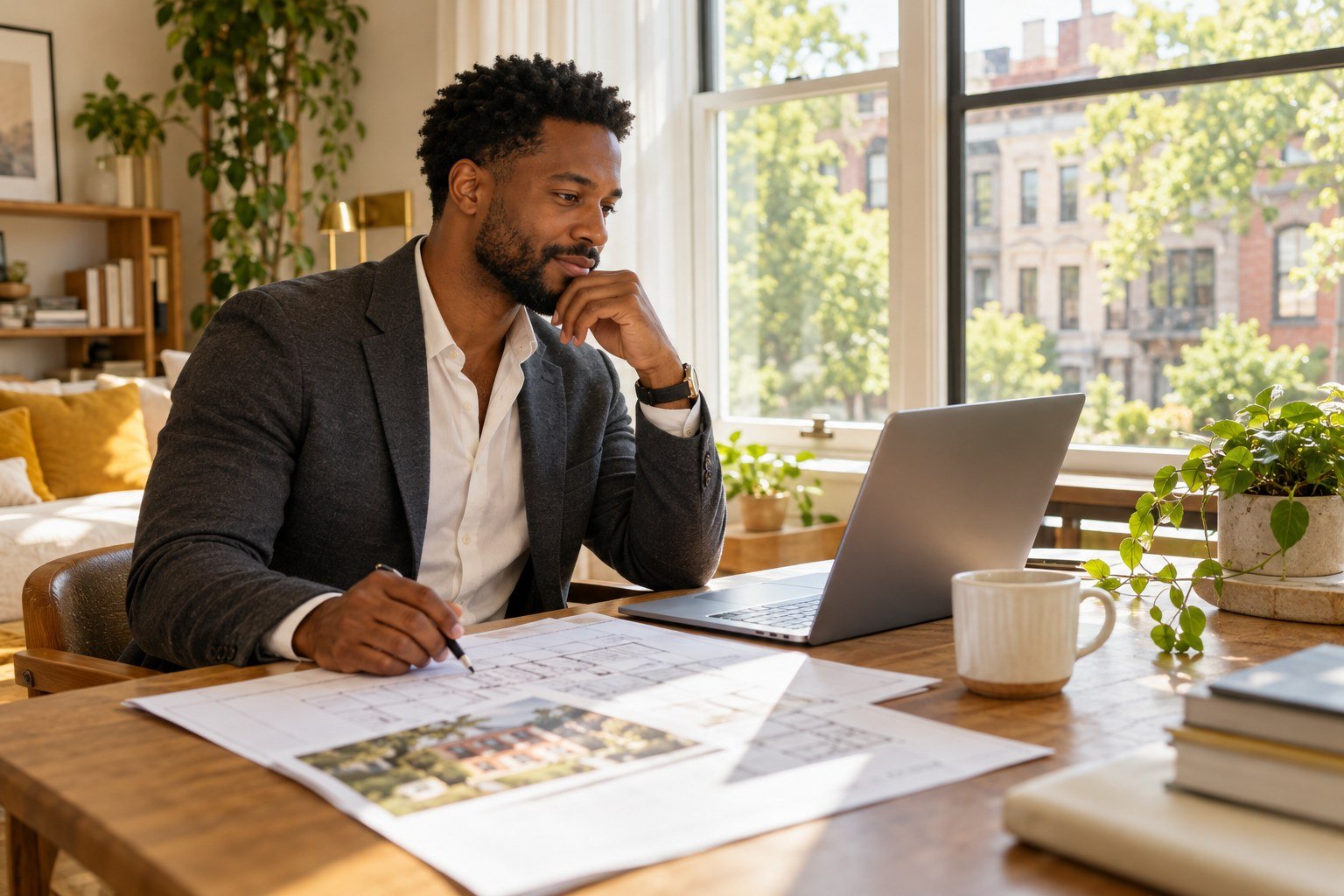 A professional reviewing property plans beside a sunlit window