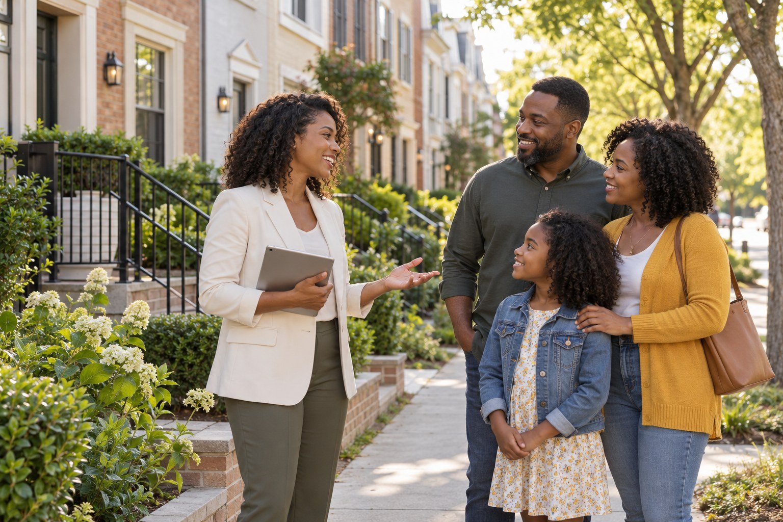 A real estate educator talking with a family in their neighborhood