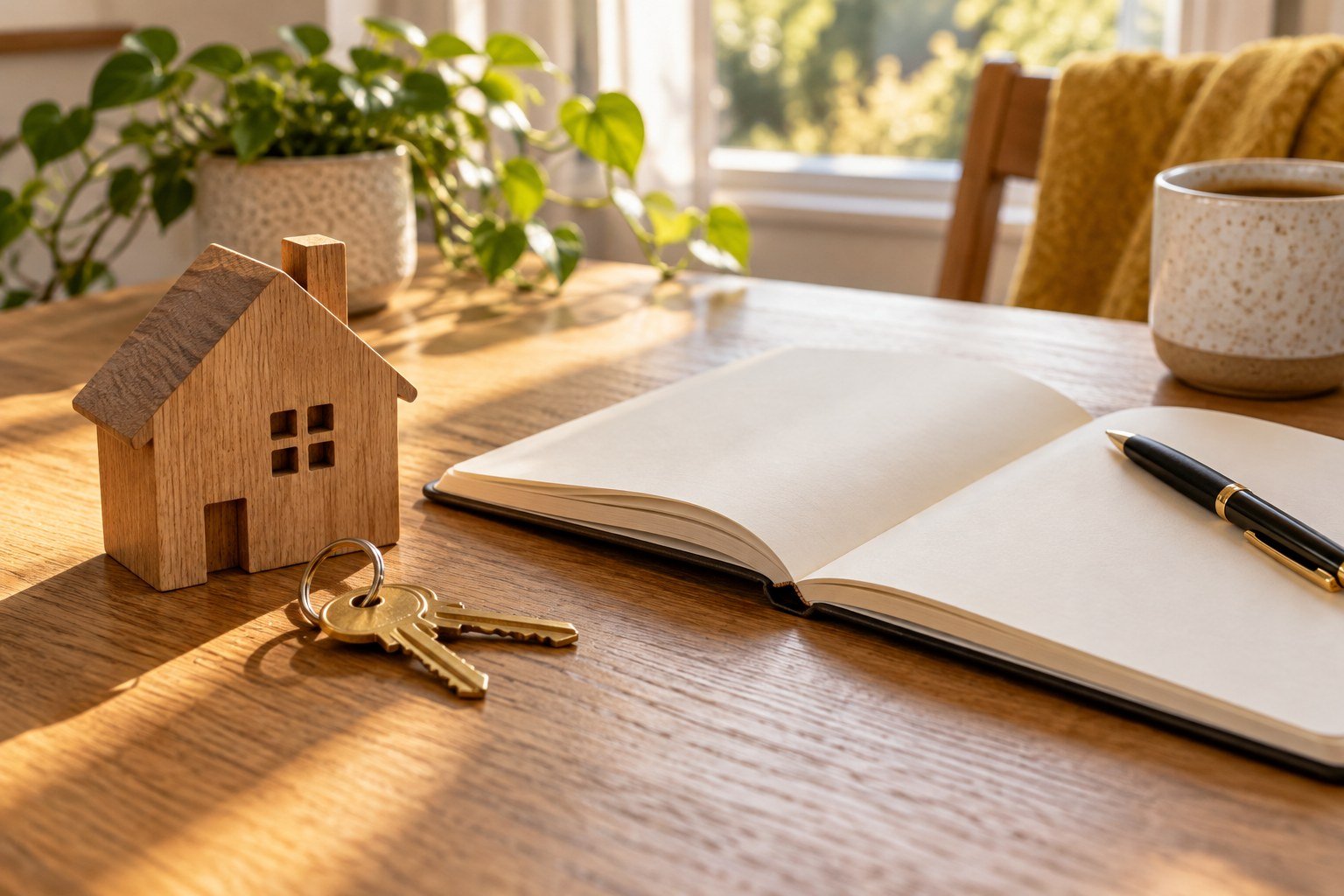 A wooden model house, house keys, notebook and pen on an oak desk